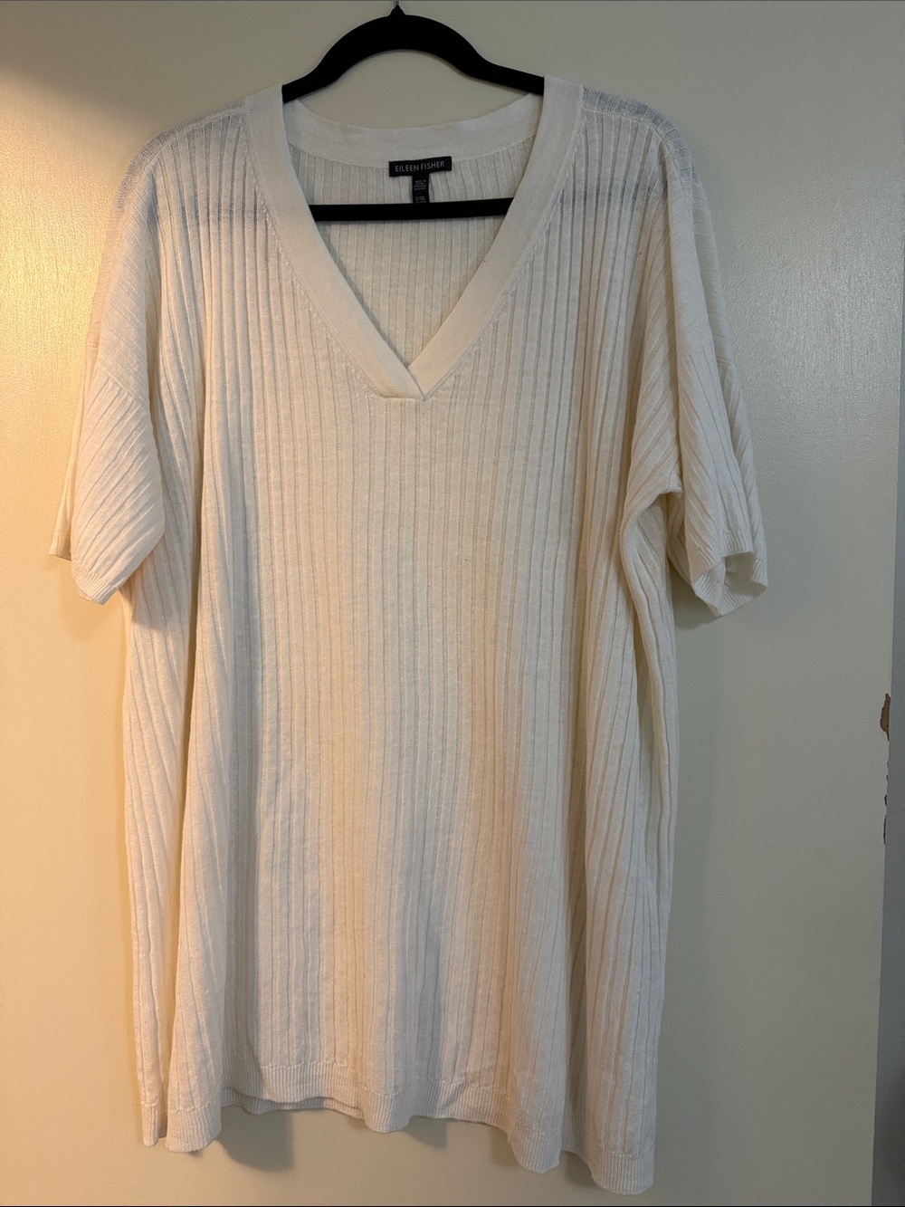 Eileen Fisher Cream Ribbed V-Neck Sweater